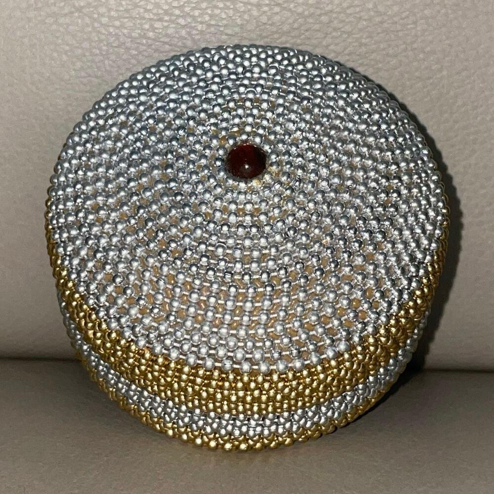 Vintage 1980s Beaded Round Trinket Box 2.75" Gold Silver Bead Chain Vanity Dish